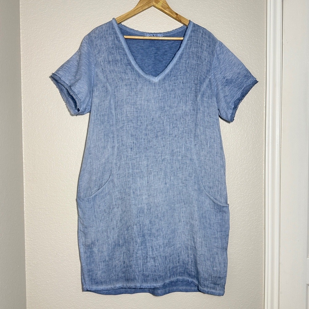 Gigi‎ Moda Blue Linen V-Neck Shift O/S Dress Tunic Lagenlook Granola Artsy Italy